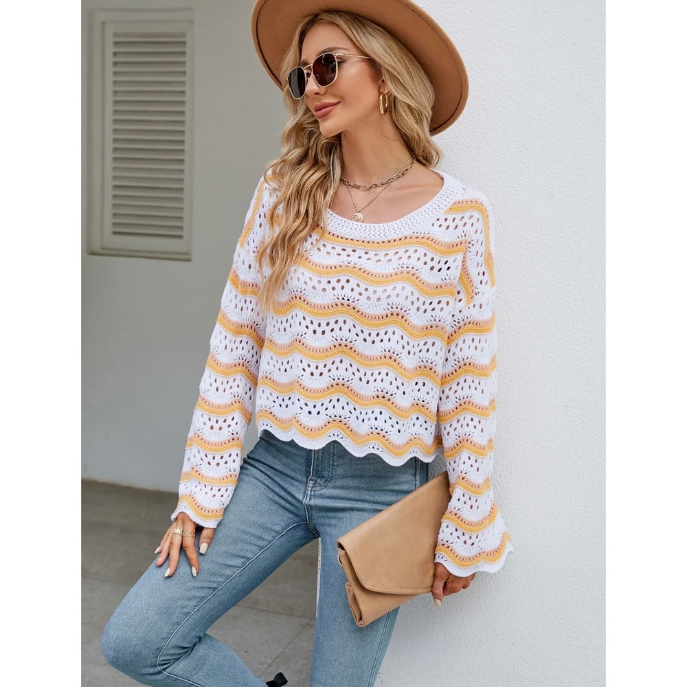 Womens Crochet Knit Sweater Pullover Striped Bell Sleeve Boho NWOT‎
